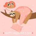 Valentine`s day card. Cute cartoon sloth sleeping with piillow and blanket on a branch.