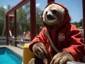 Sloth lifeguard with buoy red and white Royalty Free Stock Photo