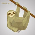 Sloth low poly. A lazy animal hangs on a branch and holds a paw.Low polygonal.