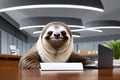 Sloth in an office environment, diligently completing paperwork