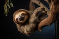 A sloth peacefully hangs upside down on a tree branch, showcasing its unique behavior and leisurely lifestyle., A sloth hanging