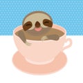 Sloth in a Pink cup coffee, tea, Three-toed sloth isolated on white background. Vector