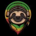 Sloth Rasta a wearing headphones vector illustration Royalty Free Stock Photo