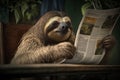 Sloth reading newspaper. Generative AI