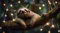 Cute Sloth Relaxing on Mossy Branch Surrounded by Magical Glowing Lights Royalty Free Stock Photo