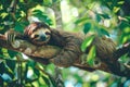 A sloth is resting soundly while hanging from a tree branch, A peaceful sloth hanging lazily from a tree branch