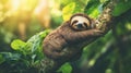 Sloth resting on tree in lush green rainforest Royalty Free Stock Photo