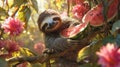 A sloth is sitting on a branch with watermelon in its mouth, AI