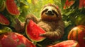 A sloth is sitting on a bunch of watermelon slices, AI