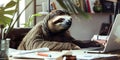 A sloth sitting at a desk with a laptop, working on a new business venture Royalty Free Stock Photo