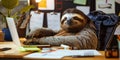 A sloth sitting at a desk with a laptop, working on a new business venture Royalty Free Stock Photo