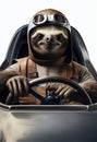 Sloth sitting in a racing car on a white background. AI Generated