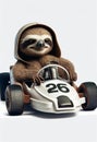 Sloth sitting in a racing car on a white background. AI Generated