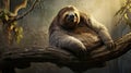 a sloth sitting on a tree branch in a forest. generative ai