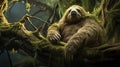 a sloth sitting on a tree branch in a forest. generative ai