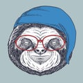 Sloth sleeping hand drawn wearing a red glasses and sleeping hat