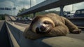 Sloth sleeping on the highway. lazy sleeping sloth, Bradypus variegatus. generative ai