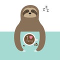 Sloth sleeping. I love coffee cup. Sleep sign zzz. Teacup on table. Top aerial view. Cute cartoon lazy baby character. Wild jungle