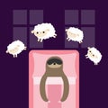 Sloth in sleeping mask. Jumping sheeps. Cant sleep going to bed concept. Counting sheep. Cute cartoon kawaii lazy baby animal set