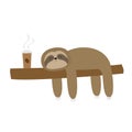 Sloth sleeping on tree branch. Cute lazy cartoon kawaii funny character. I love coffee paper cup drink. Slow down. Wild joungle