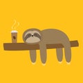 Sloth sleeping on tree branch. Cute lazy cartoon kawaii funny character. I love coffee paper cup drink. Slow down. Wild joungle Royalty Free Stock Photo