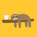 Sloth sleeping on tree branch. I love coffee cup drink. Cute lazy cartoon kawaii funny character.Slow down. Wild joungle animal Royalty Free Stock Photo