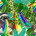 Sloth Spitting Rainbow on Rainforest Vector Seamless Pattern Royalty Free Stock Photo