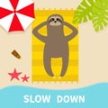 Sloth sunbathing on beach towel. Slow down. Hello summer. Top aerial view. Sea ocean, umbrella, palm tree leaf, star fish, spf