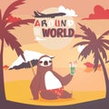 Sloth on vacation background. Animal who likes travelling poster. Passive rest on beach. Drinkng coctail and relaxing