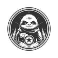 sloth warden, vintage logo line art concept black and white color, hand drawn illustration