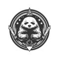 sloth warden, vintage logo line art concept black and white color, hand drawn illustration