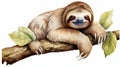 Sloth Watercolor, Sloth paint, Tropical animal, Cute sloth holding on to a branch. AI Generative Royalty Free Stock Photo