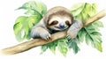 Sloth Watercolor, Sloth paint, Tropical animal, Cute sloth holding on to a branch. AI Generative Royalty Free Stock Photo
