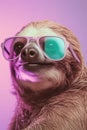 Sloth wearing cool sunglasses isolated over neon background.