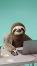 Sloth working at a desk with a computer and colorful sticky notes in a bright office setting Royalty Free Stock Photo