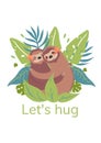 Sloths are hugging. Caption Let`s hug. Vector graphics