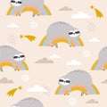 Colorful seamless pattern with sloths, stars, rainbow and clouds. Decorative cute background with animals, sky