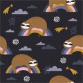 Colorful seamless pattern with sloths, stars, rainbow and clouds. Decorative cute background with animals, sky