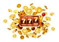 Slots 777 banner, golden coins jackpot, Casino 3d cover, slot machines and roulette with cards. Vector Royalty Free Stock Photo