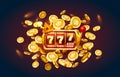 Slots 777 banner, golden coins jackpot, Casino 3d cover, slot machines and roulette with cards. Vector