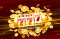 Slots 777 banner, golden coins jackpot, Casino 3d cover, slot machines and roulette with cards. Vector Royalty Free Stock Photo