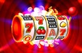 Slots 777 banner, golden coins jackpot, Casino 3d cover, slot machines. Vector Royalty Free Stock Photo