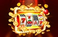 Slots 777 banner, golden coins jackpot, Casino 3d cover, slot machines. Vector Royalty Free Stock Photo