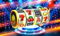 Slots 777 banner, golden coins jackpot, Casino 3d cover, slot machines. Vector Royalty Free Stock Photo