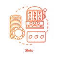 Slots concept icon. One armed bandit, slot machine idea thin line illustration. Online gambling. Lucky seven, fruit