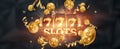 Slots creative background, Lucky seven 777 on Slot machine, dark golden style. Casino concept, luck, gambling, jackpot, banner, Royalty Free Stock Photo