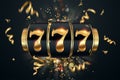 Slots creative background, Lucky seven 777 on Slot machine, dark golden style. Casino concept, luck, gambling, jackpot. 3D render Royalty Free Stock Photo