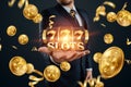 Slots creative background, Lucky seven 777 on Slot machine over hand, dark golden style. Casino concept, luck, gambling, jackpot, Royalty Free Stock Photo