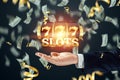 Slots creative background, Lucky seven 777 on Slot machine over hand, dark golden style. Casino concept, luck, gambling, jackpot,