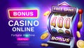 Slots free spins 400, promo flyer poster, banner game play. Vector illustration